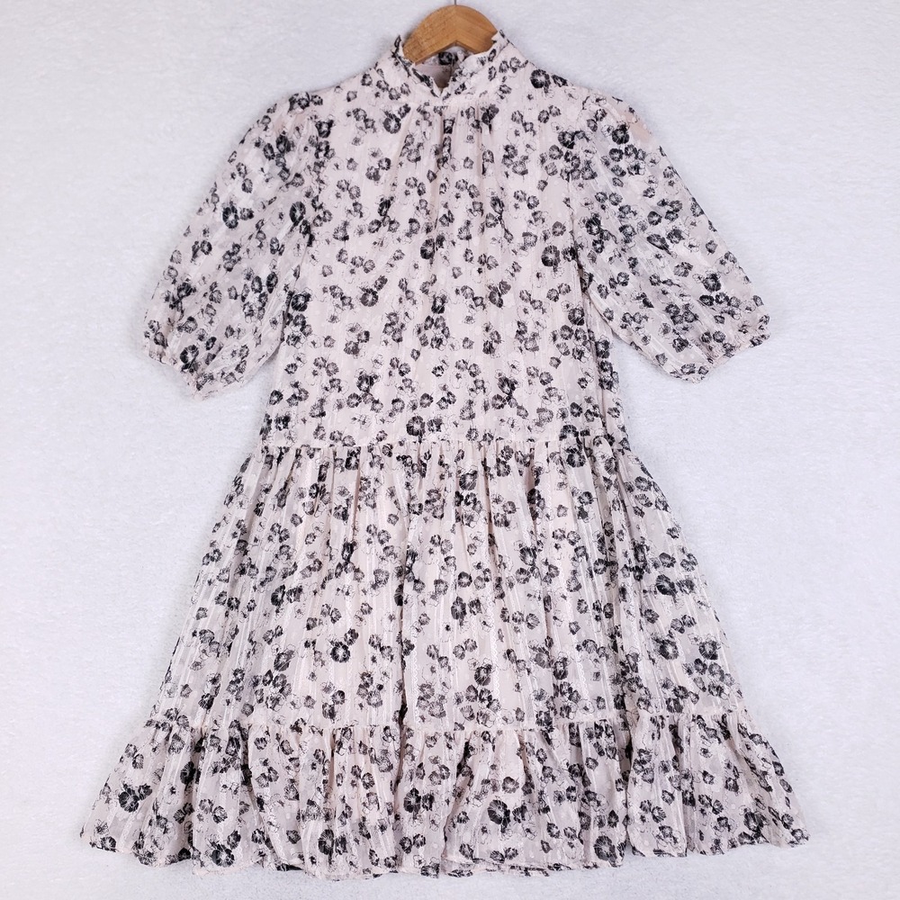 Maison Tara Floral Tiered Midi Dress Blush Black Sheer Puff Sleeve Women's 6